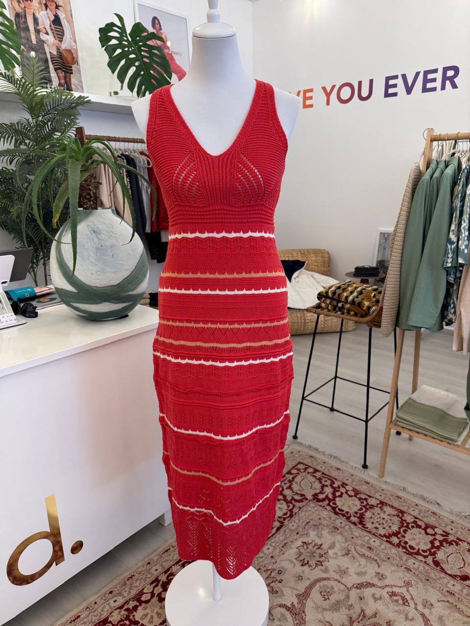 Sita Murt Red and Cream Knitted Dress with Open Work