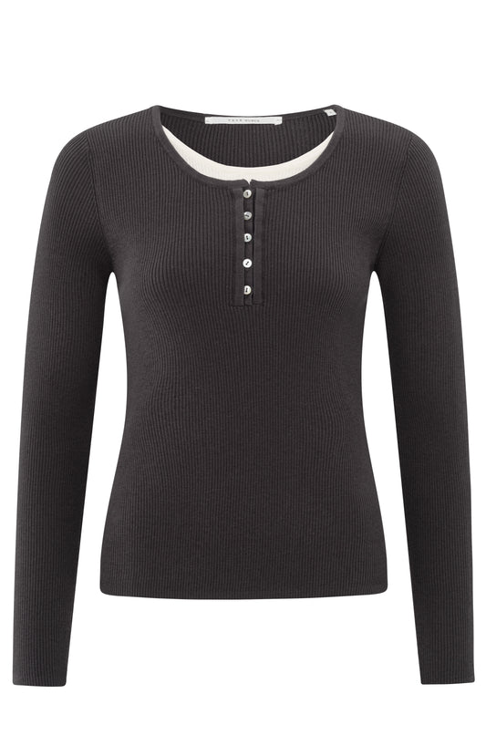 YAYA Rib Stitch Fitted Sweater With Buttons