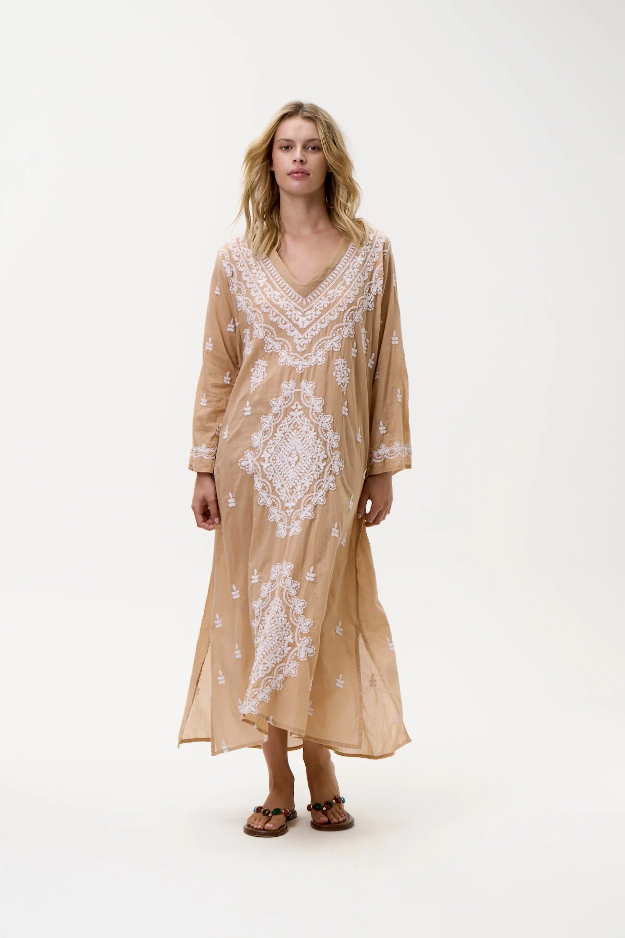 One Season Long Goa-Embroidery-Cotton-Mocha/White