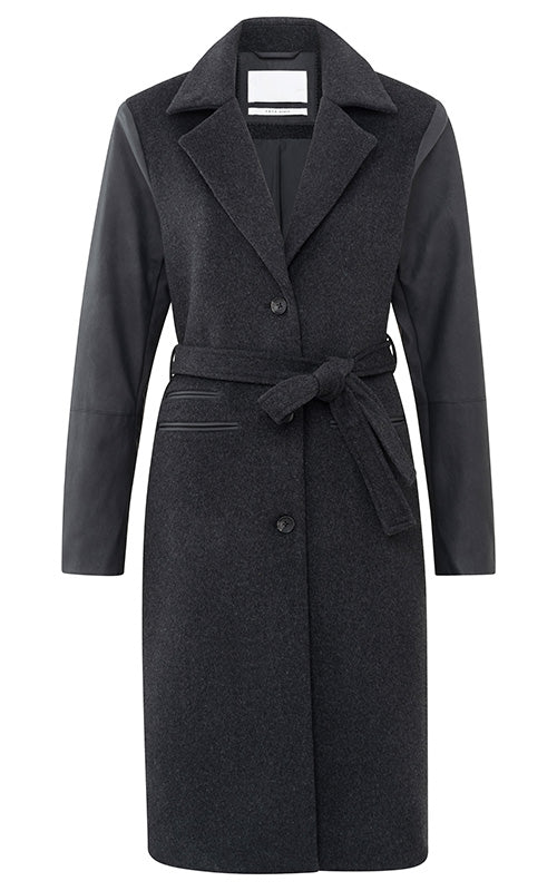 YAYA Long Wool Mix Coat With Faux Leather Sleeves