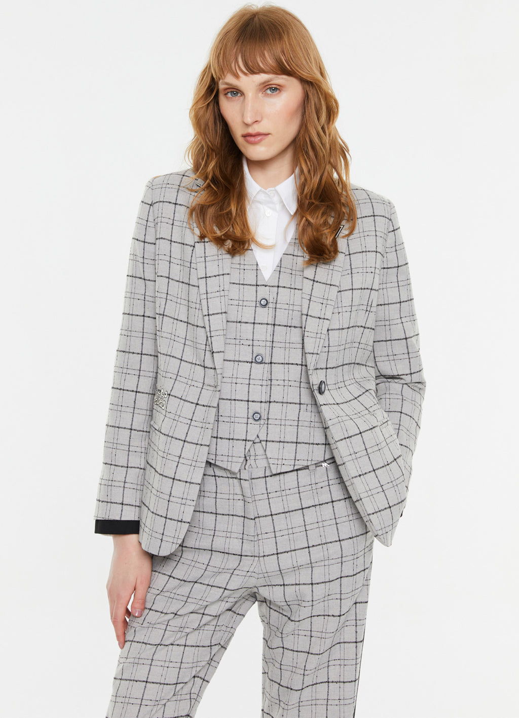 Andam Checked Blazer with Decorative Embroidery