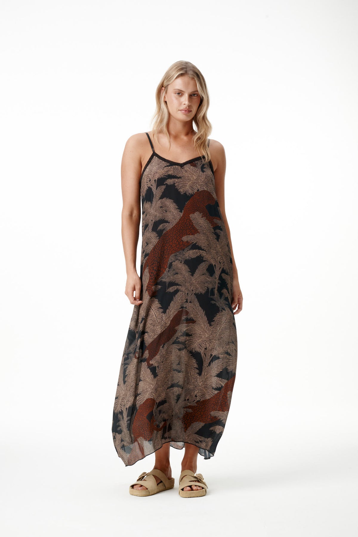 One Season Antoinette Slip-Palm Safari-Viscose-Black/Camel
