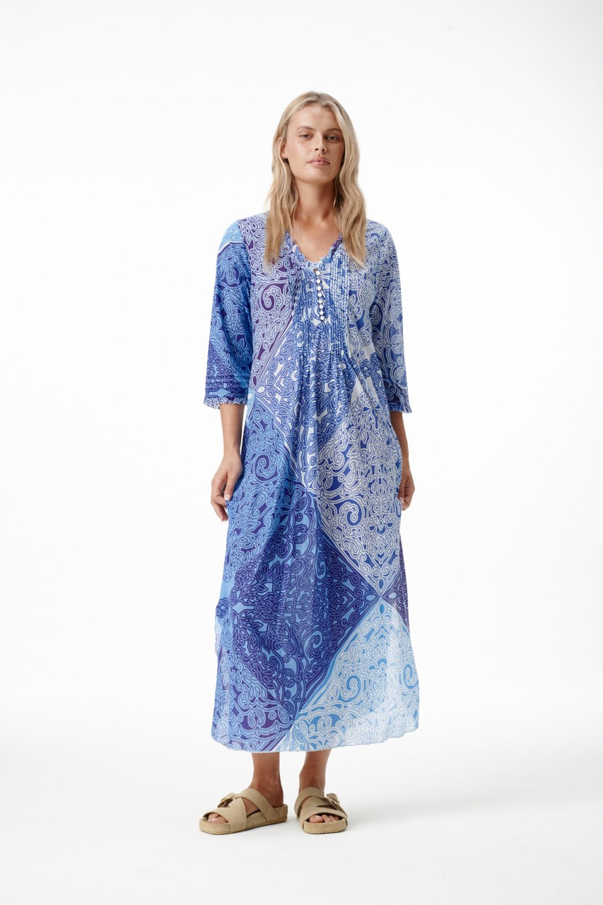 One Season Long Poppy-Blue Mosaic-Cotton -Blue