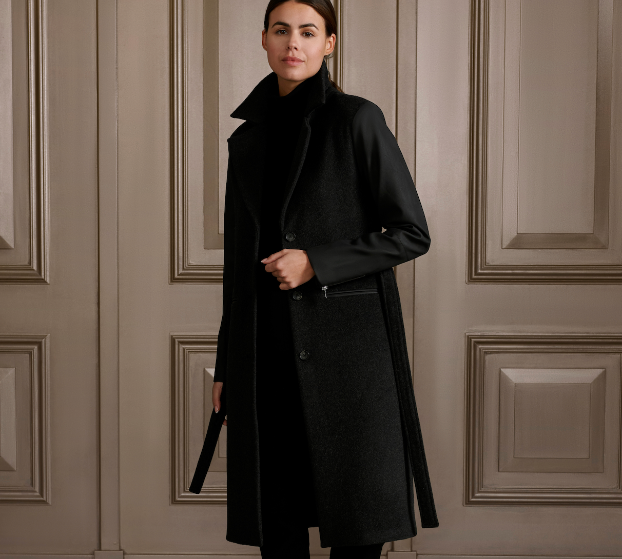 YAYA Long Wool Mix Coat With Faux Leather Sleeves