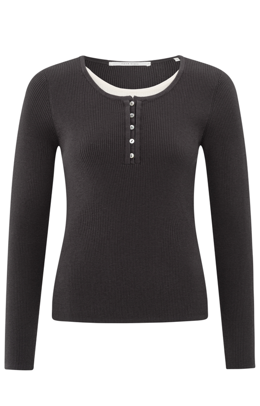 YAYA Rib Stitch Fitted Sweater With Buttons