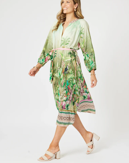 Gordon Smith Toucan Midi Dress - Green/Pink