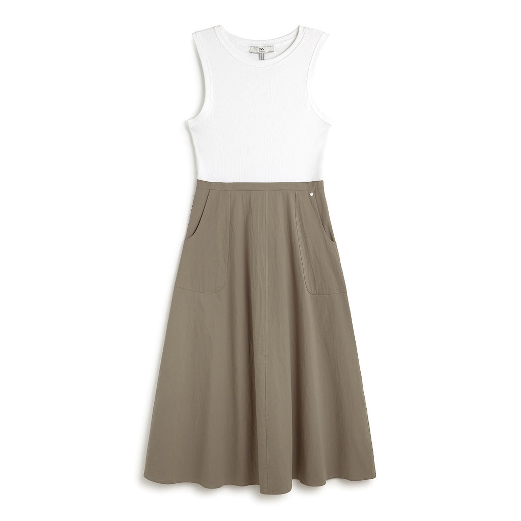 Andam Sleeveless white and khaki cotton dress