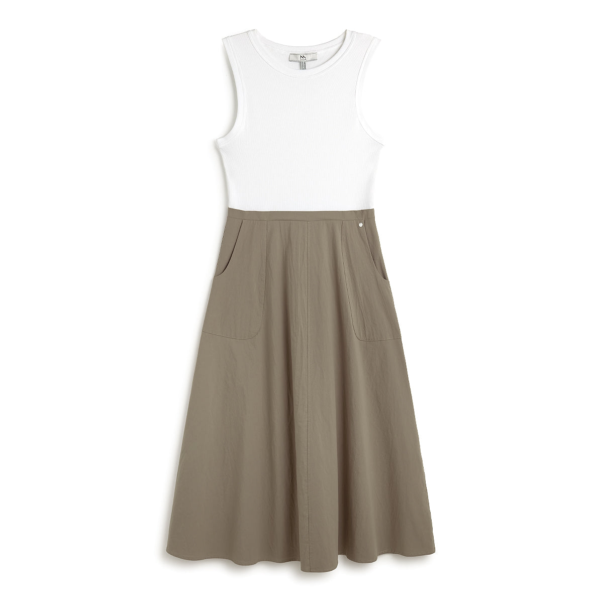 Andam Sleeveless white and khaki cotton dress
