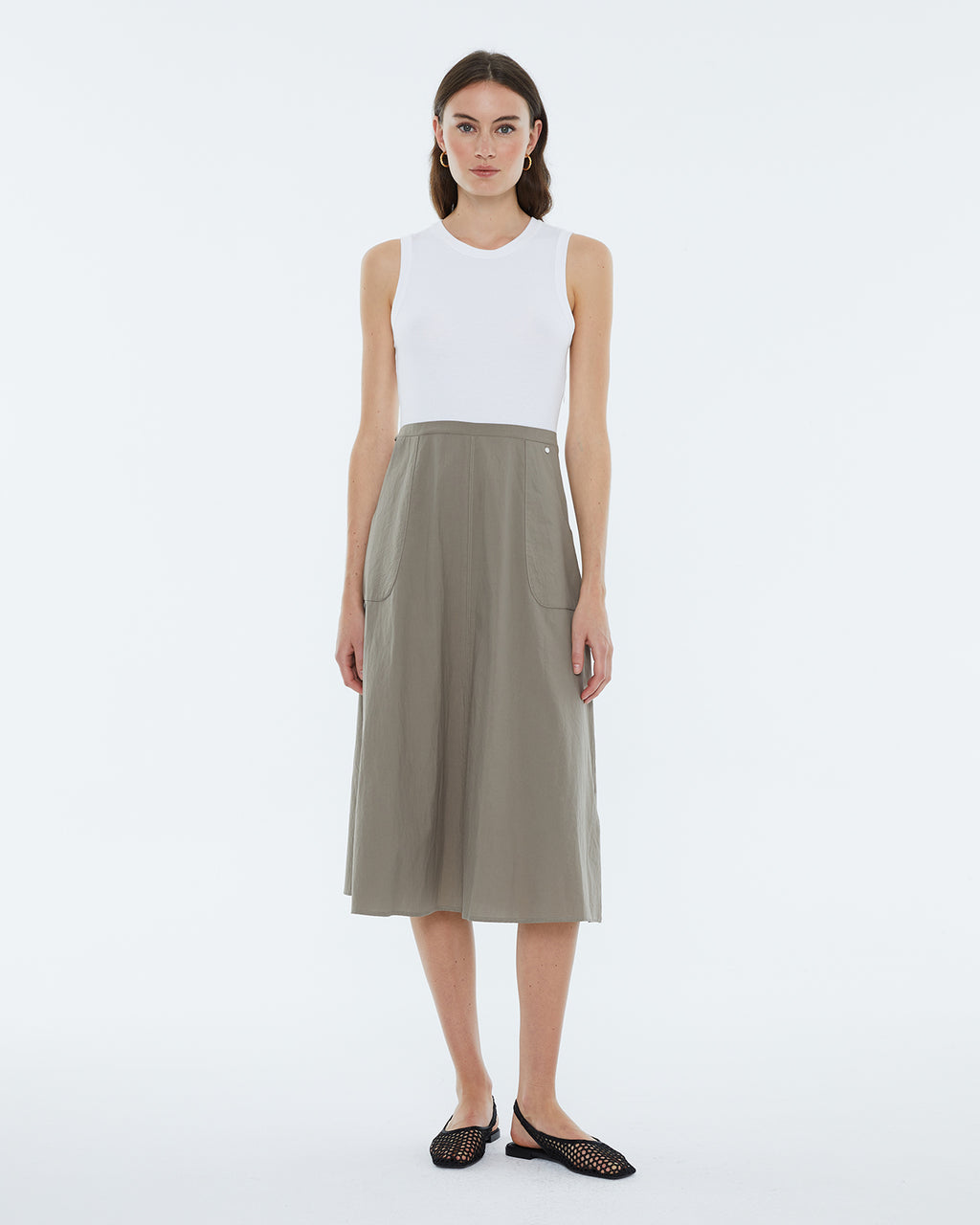 Andam Sleeveless white and khaki cotton dress