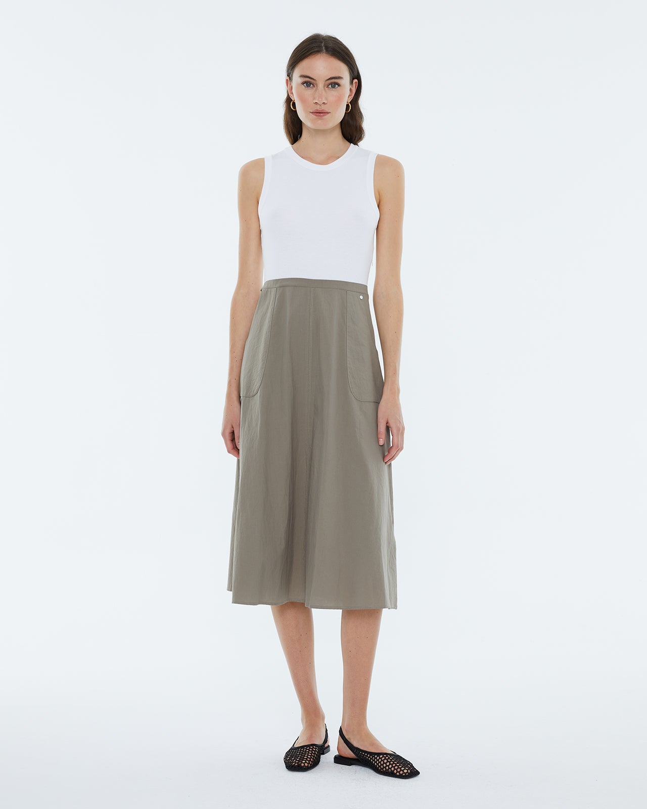 Andam Sleeveless white and khaki cotton dress
